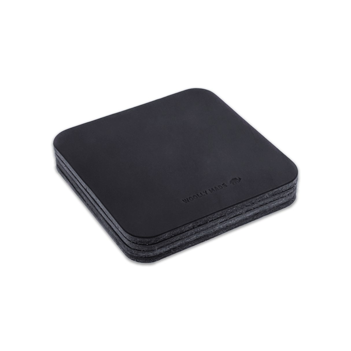 Black leather square coaster set with hand-pressed Woolly Made logo stacked.