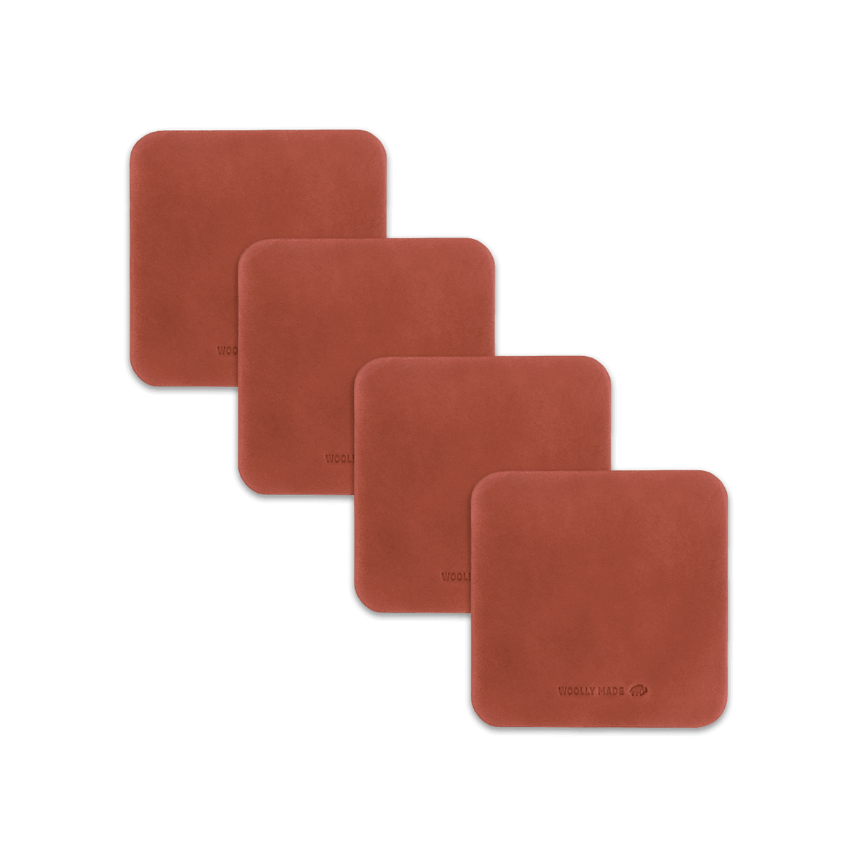 Brown leather square coaster set with hand-pressed Woolly Made logo spread out.
