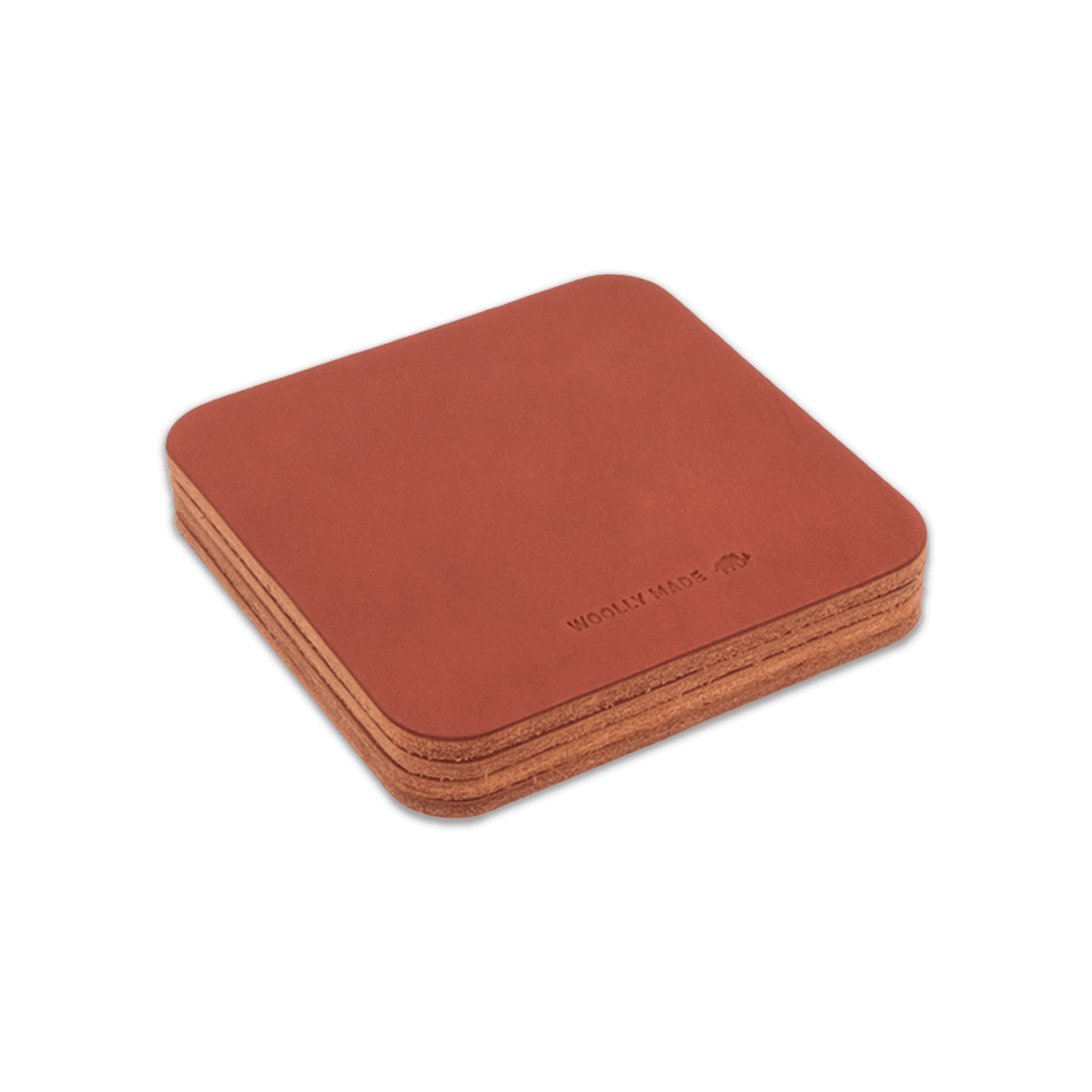 Brown leather square coaster set with hand-pressed Woolly Made logo stacked.