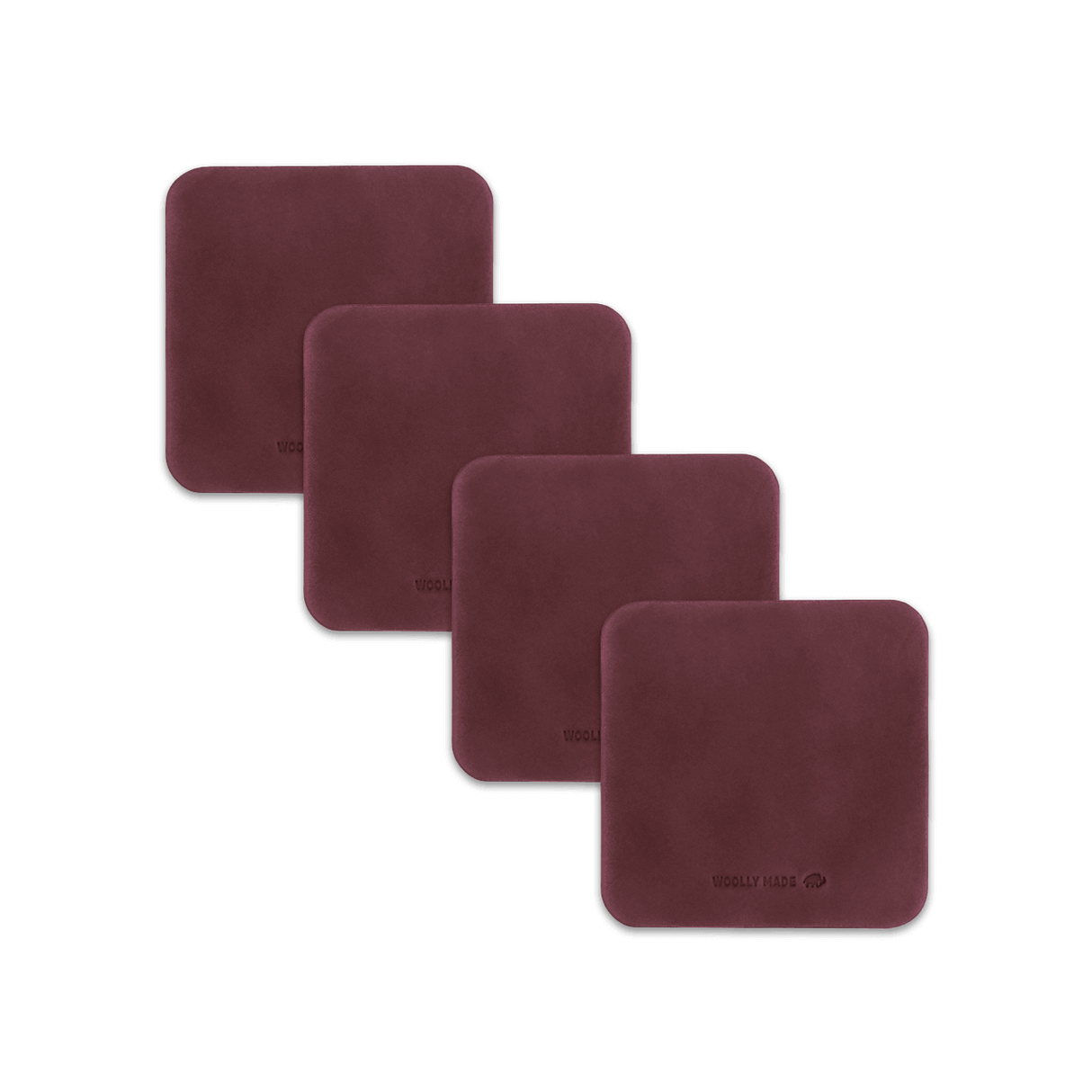 Burgundy leather square coaster set with hand-pressed Woolly Made logo spread out.