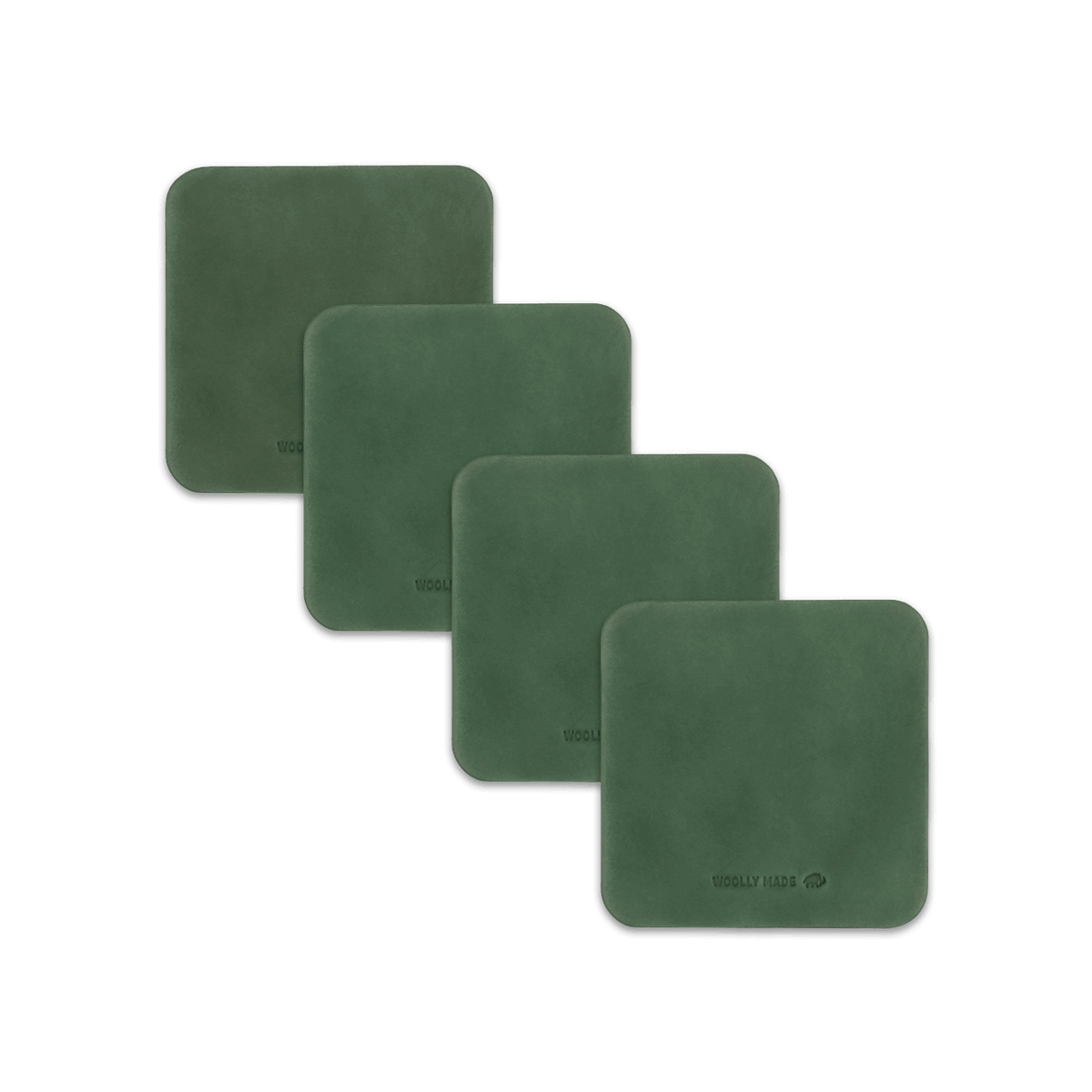 Green leather square coaster set with hand-pressed Woolly Made logo spread out.