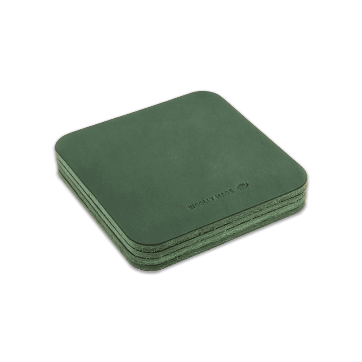 Green leather square coaster set with hand-pressed Woolly Made logo stacked.
