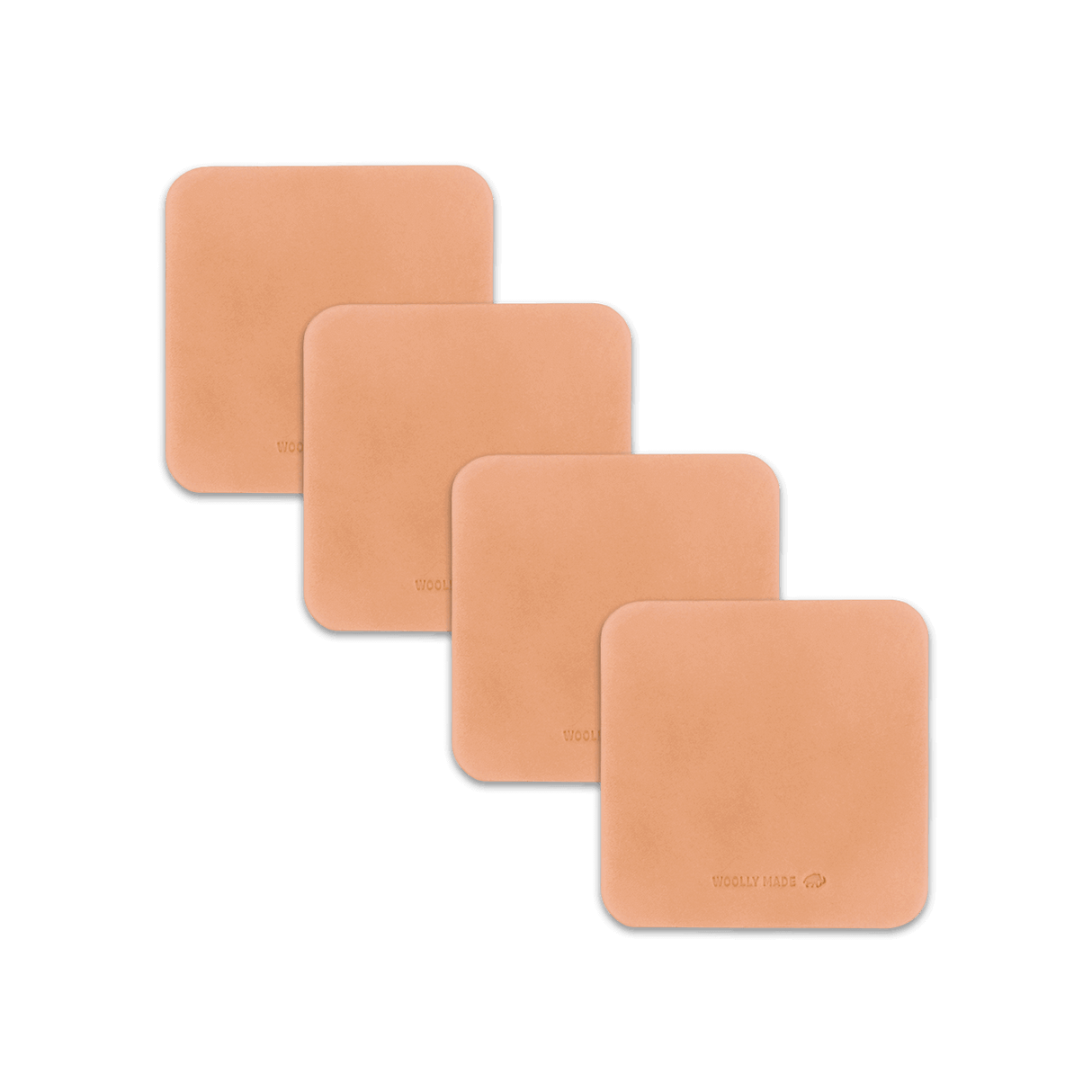 Natural leather square coaster set with hand-pressed Woolly Made logo spread out.