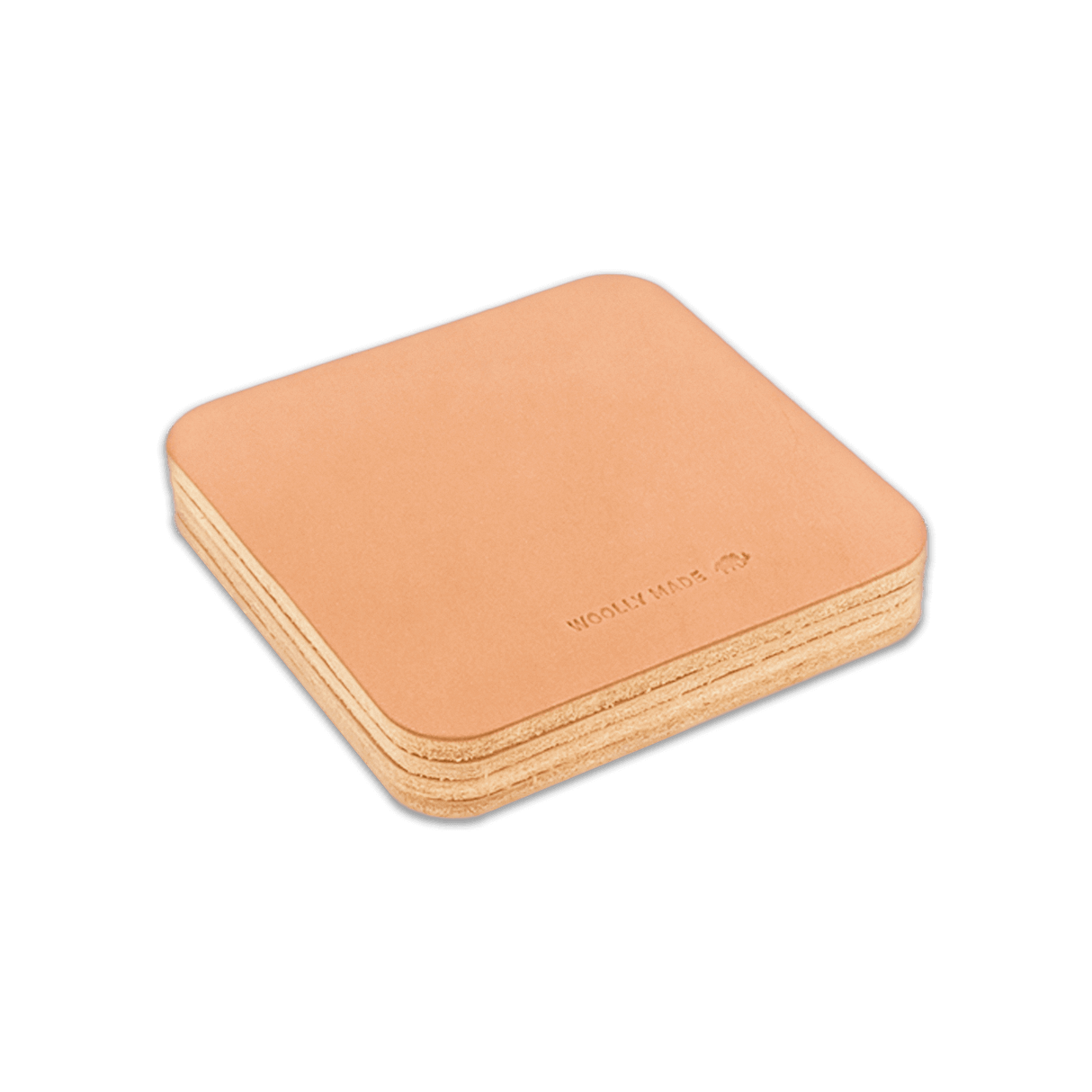Natural leather square coaster set with hand-pressed Woolly Made logo stacked.