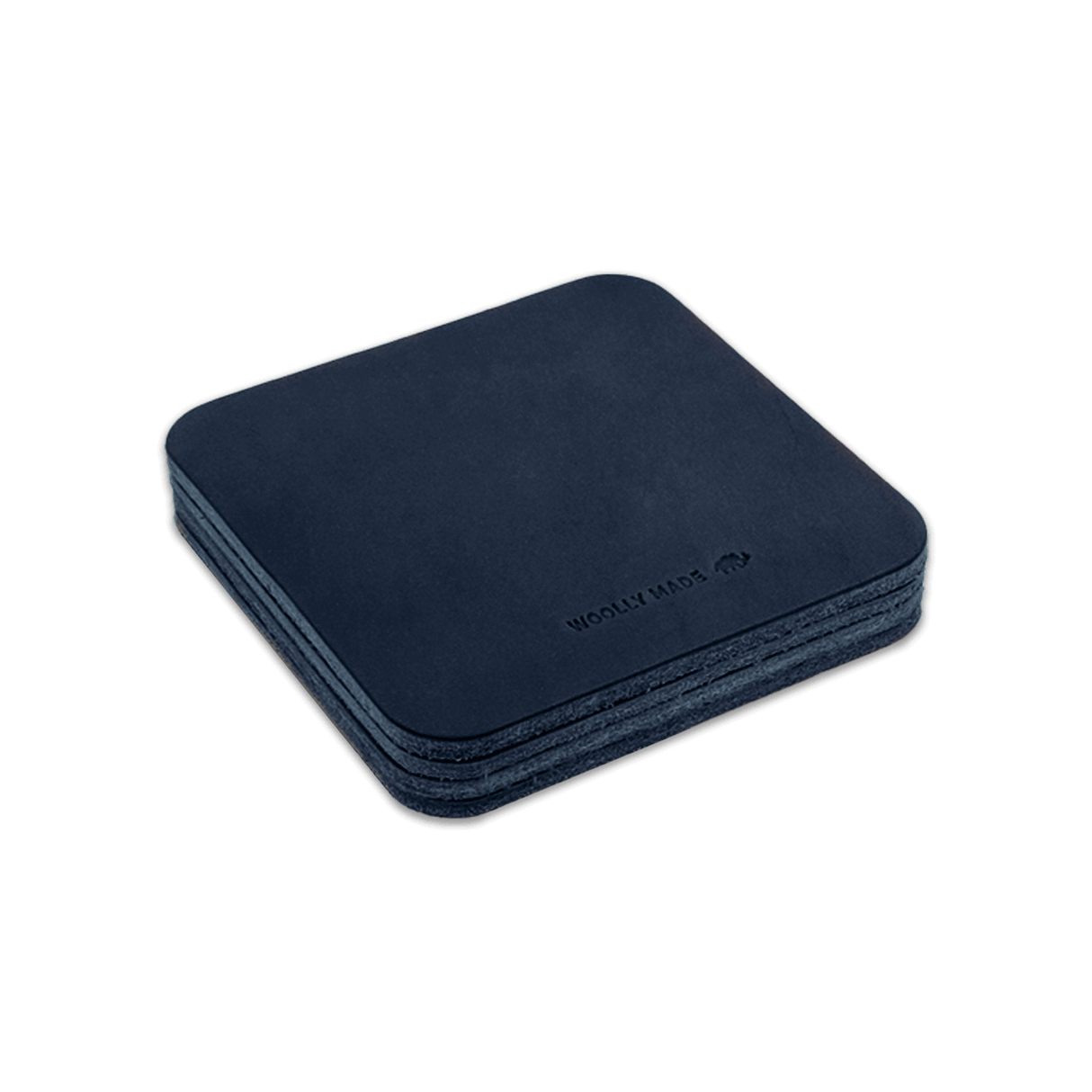 Navy leather square coaster set with hand-pressed Woolly Made logo stacked.