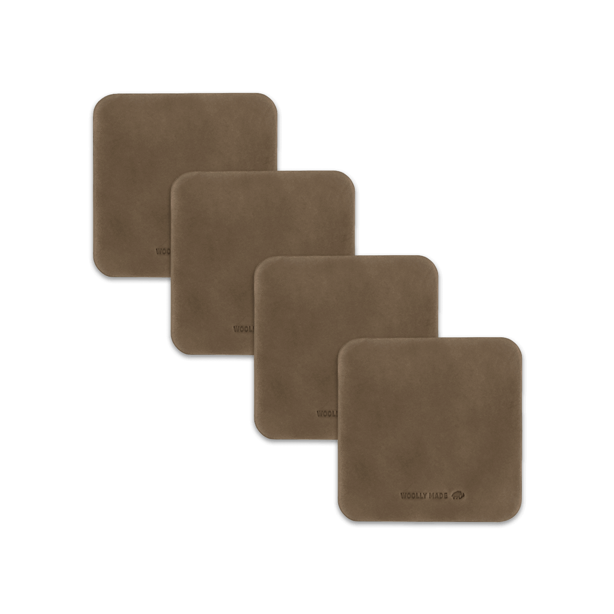 Olive leather square coaster set with hand-pressed Woolly Made logo spread out.