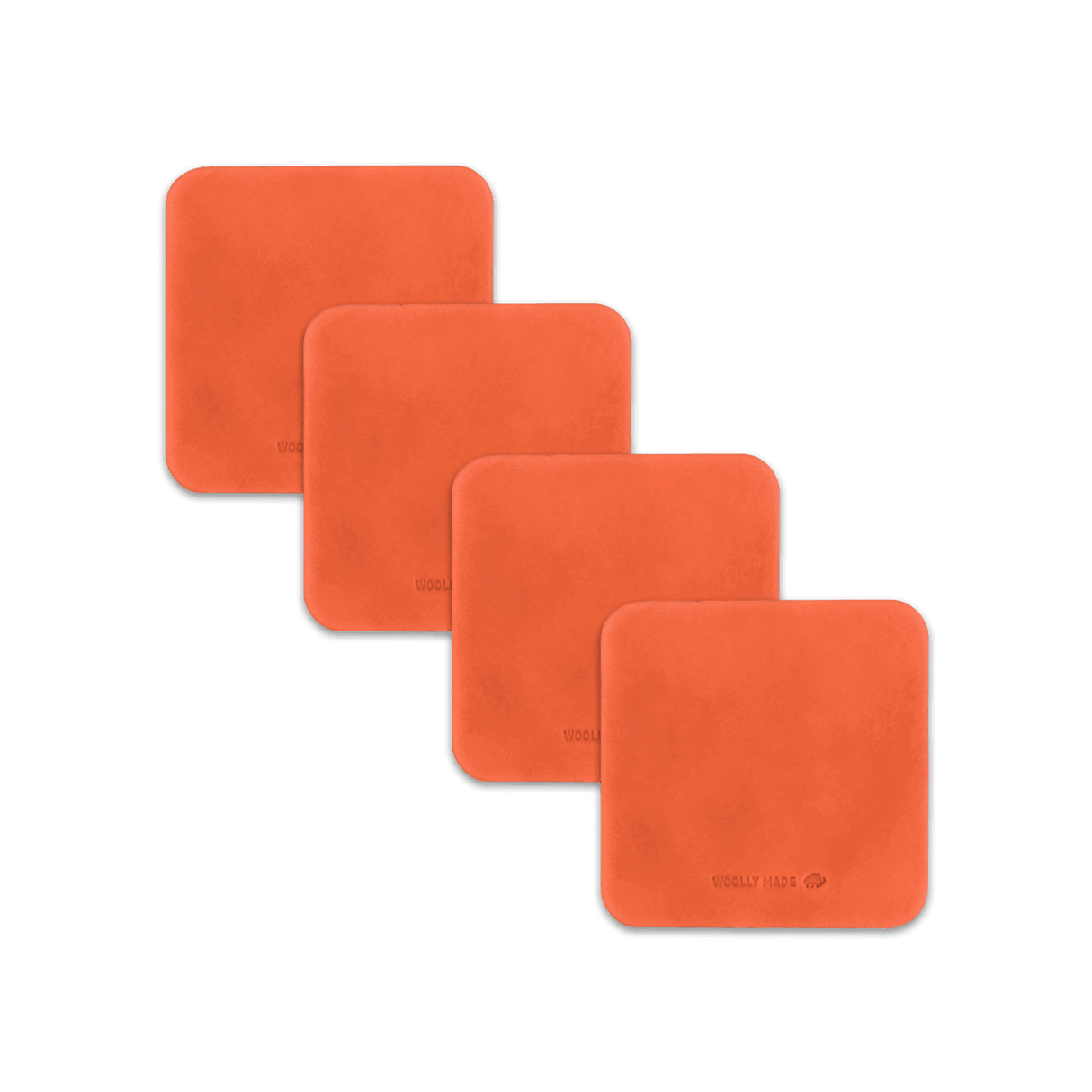 Orange leather square coaster set with hand-pressed Woolly Made logo spread out.