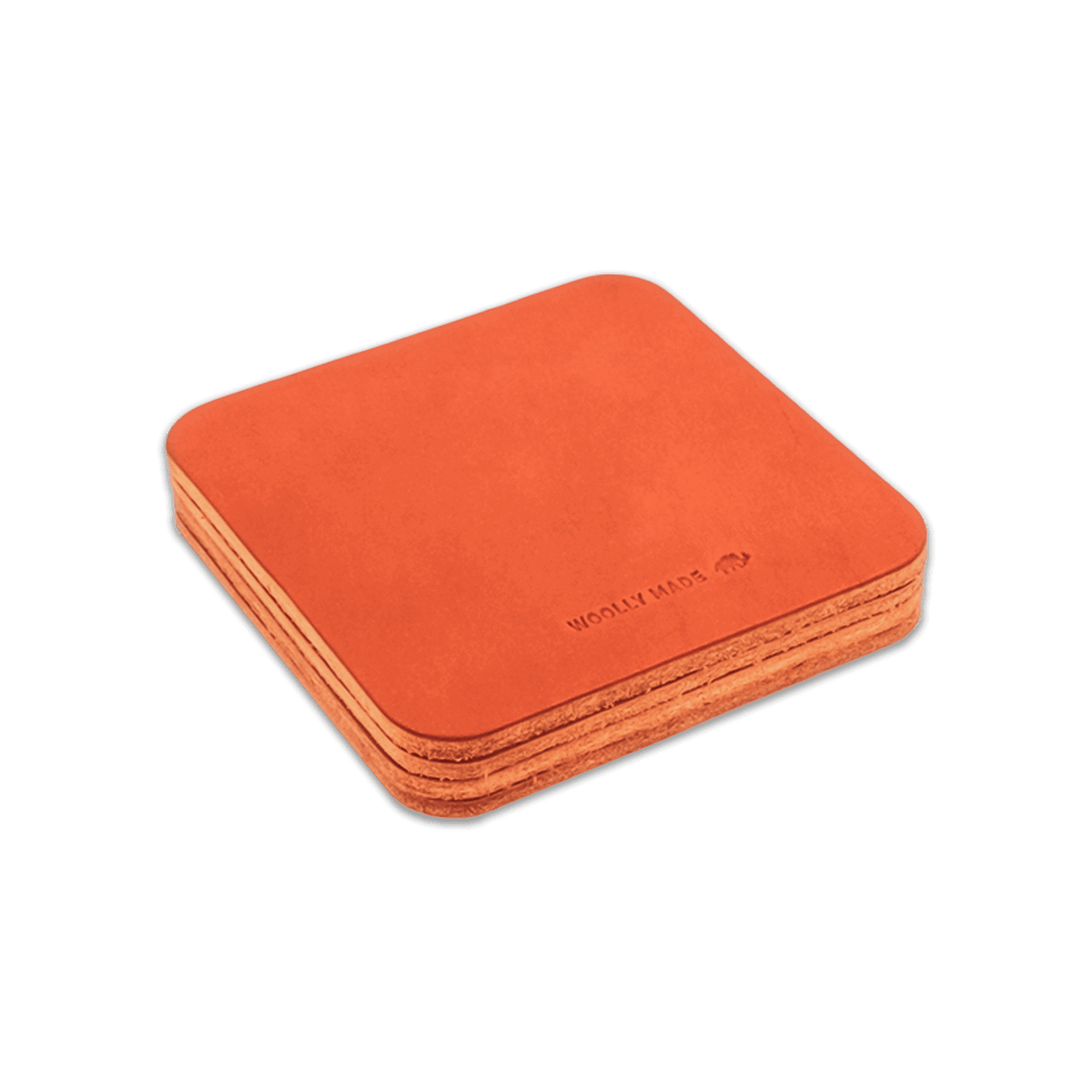 Orange leather square coaster set with hand-pressed Woolly Made logo stacked.
