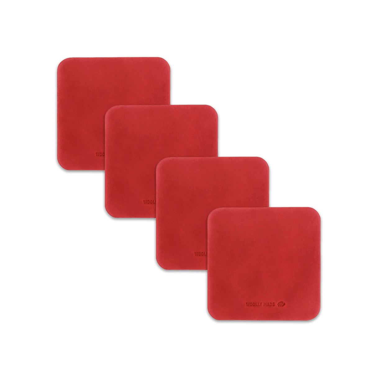 Red leather square coaster set with hand-pressed Woolly Made logo spread out.