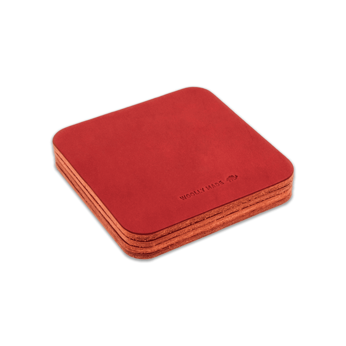 Red leather square coaster set with hand-pressed Woolly Made logo stacked.