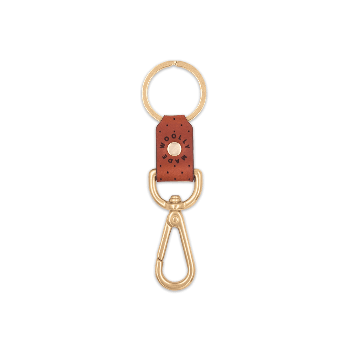 Brown leather Swivel Keychain, decorative perforation, etched Woolly Made logo, brass hardware.