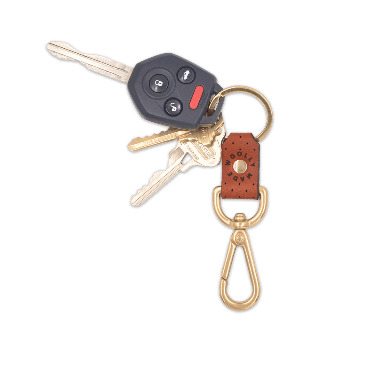 Brown leather Swivel Keychain, decorative perforation, etched Woolly Made logo, brass hardware, keys