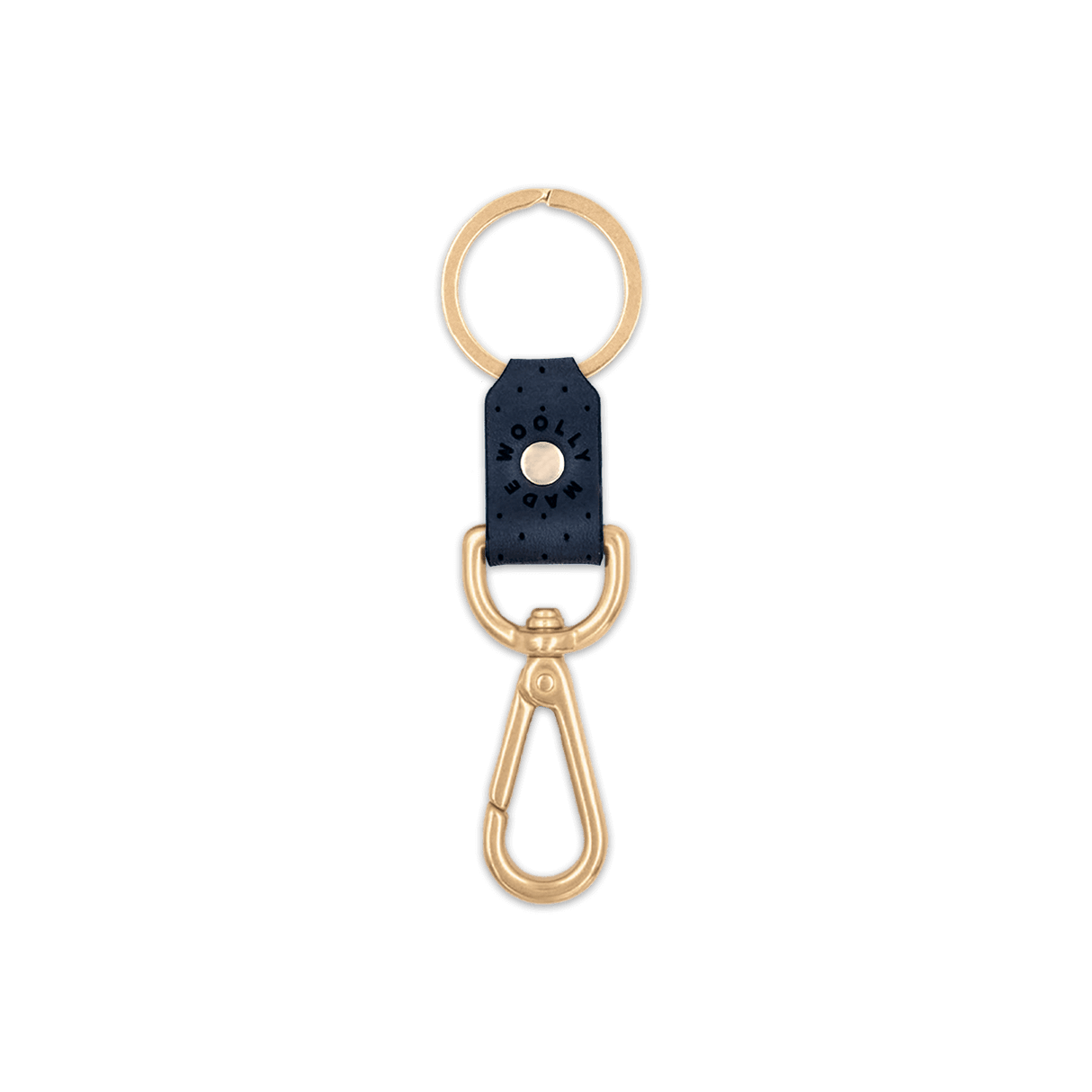 Navy leather Swivel Keychain, decorative perforation, etched Woolly Made logo, brass hardware.