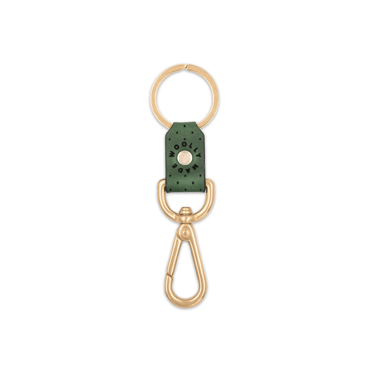 Green leather Swivel Keychain, decorative perforation, etched Woolly Made logo, brass hardware.