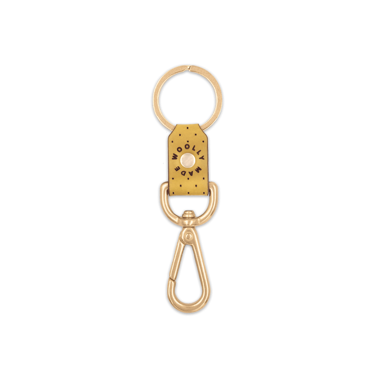 Yellow leather Swivel Keychain, decorative perforation, etched Woolly Made logo, brass hardware.