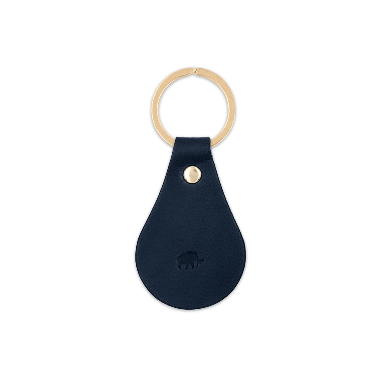 Navy leather Tab Keychain, hand-pressed Woolly Made logo, brass hardware.