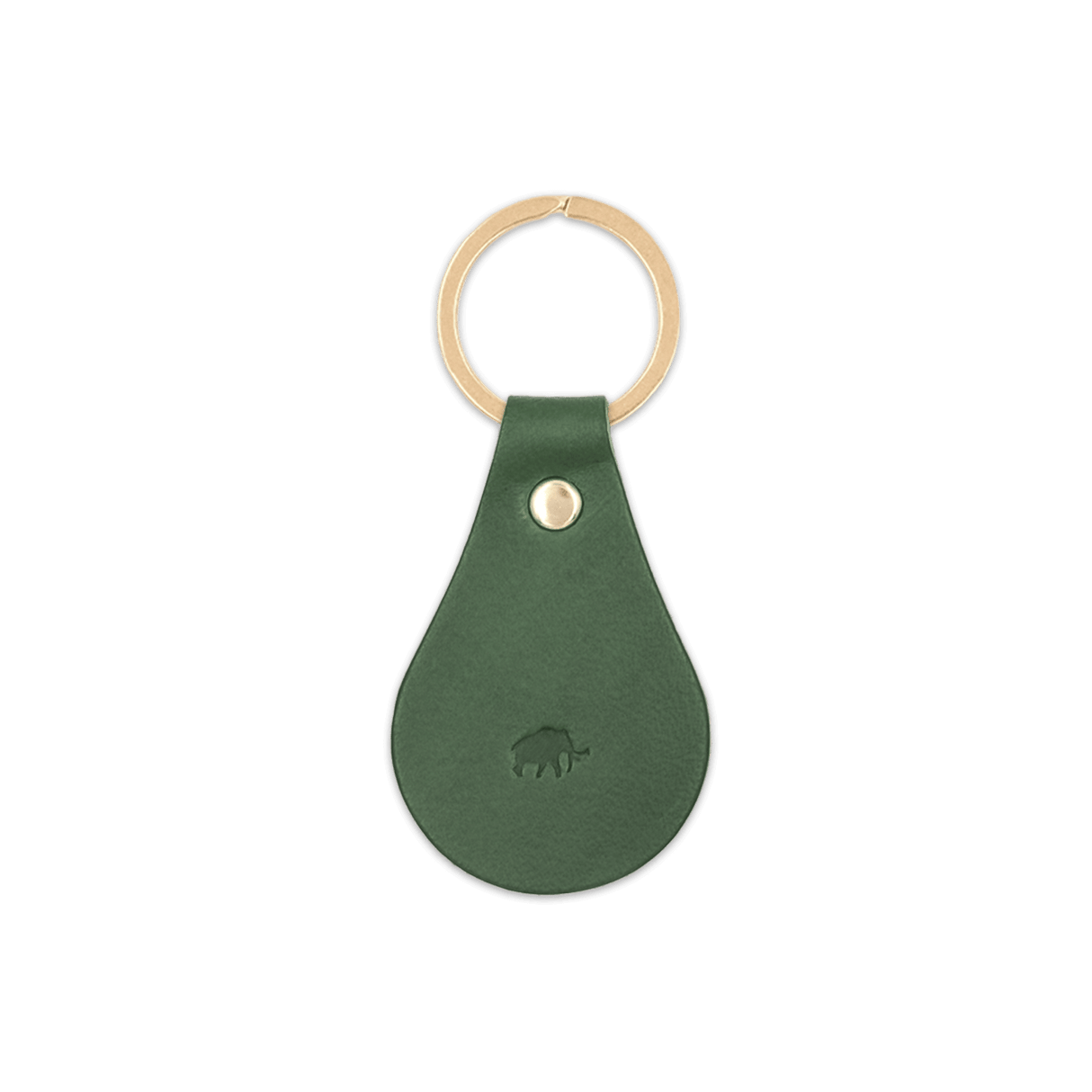Green leather Tab Keychain, hand-pressed Woolly Made logo, brass hardware.