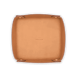 Top down view of tan leather Valet Tray with hand-pressed Woolly Made logo and brass hardware.