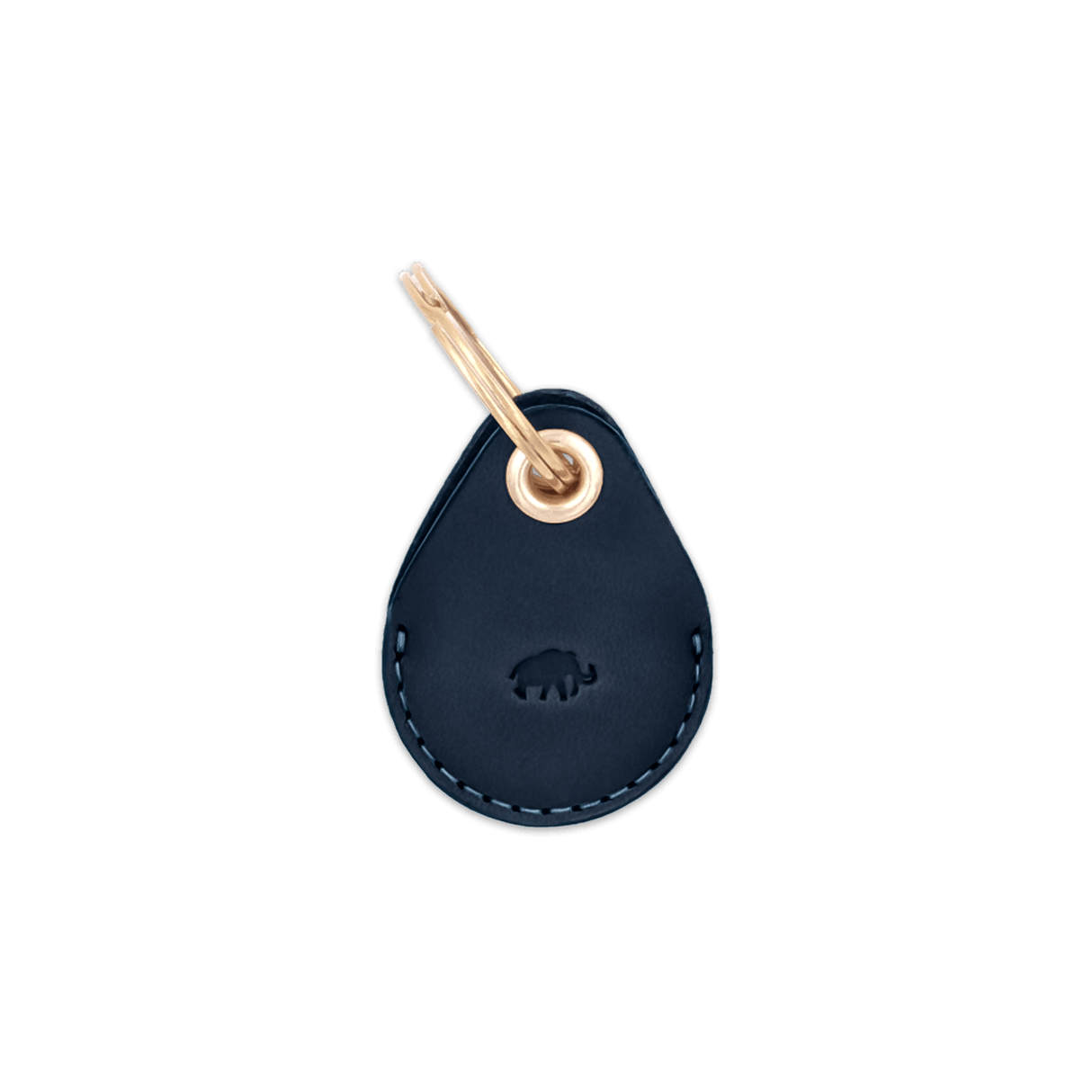 Navy leather AirTag case with debossed Woolly Made logo and brass hardware.