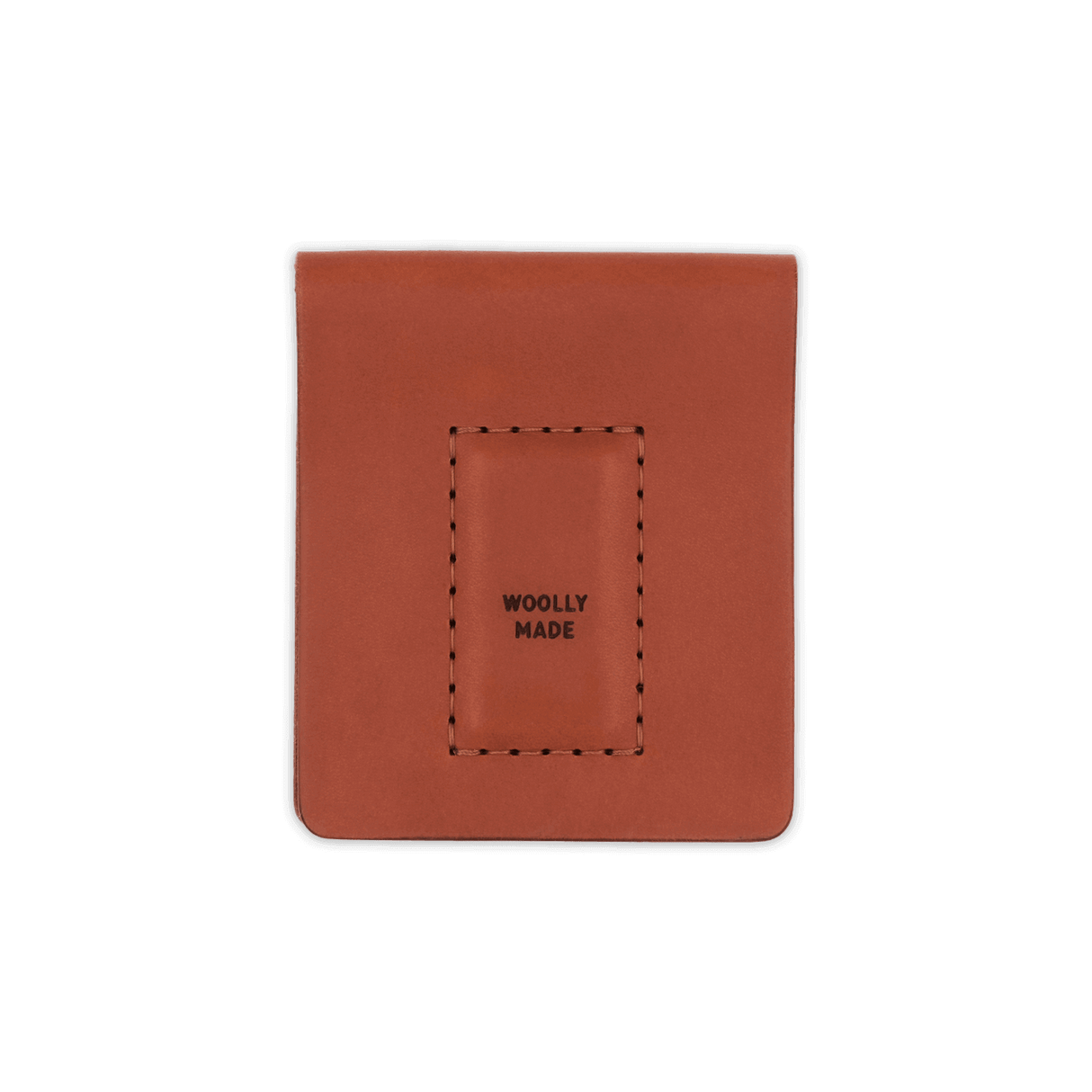 Brown leather Cash Magnet Wallet top down view with etched Woolly Made logo.