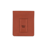 Brown leather Cash Magnet Wallet top down view with etched Woolly Made logo.