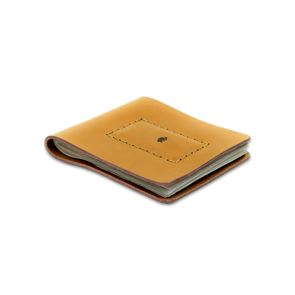 Gold leather Cash Magnet Wallet 3/4 angle view with folded bills and etched Woolly Made logo.