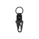 Black leather Clip Keychain, etched Woolly Made logo, decorative perforation, black hardware.