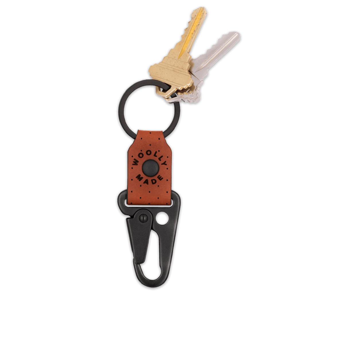 Brown leather Clip Keychain, etched Woolly Made logo, decorative perforation, black hardware, keys.