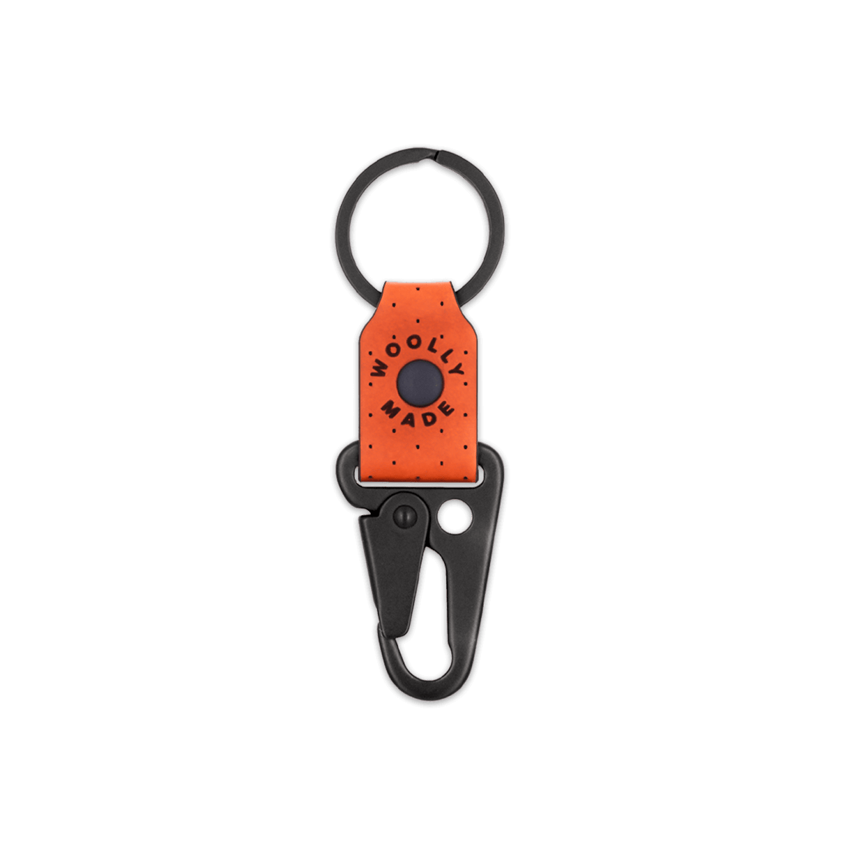 Orange leather Clip Keychain, etched Woolly Made logo, decorative perforation, and black hardware.