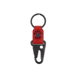 Red leather Clip Keychain with etched Woolly Made logo, decorative perforation, and black hardware.