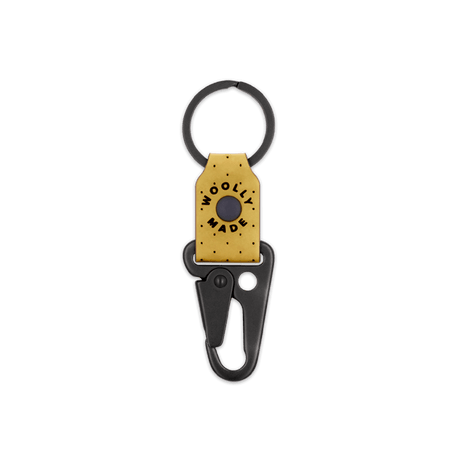 Yellow leather Clip Keychain, etched Woolly Made logo, decorative perforation, black hardware.