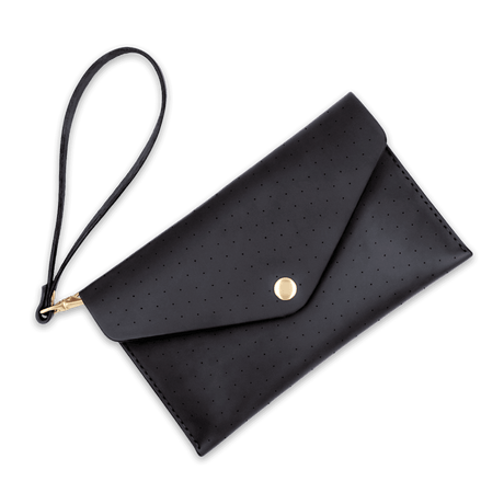 Black leather Clutch with decorative perforation, attached matching wrist strap, and brass hardware.