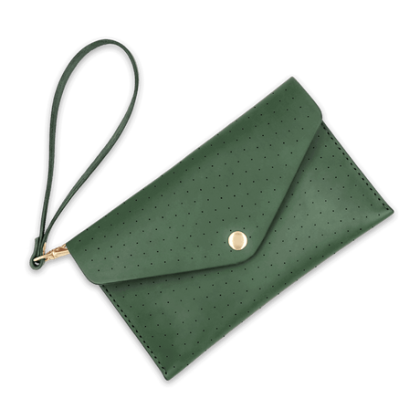 Green leather Clutch with decorative perforation, attached matching wrist strap, and brass hardware.