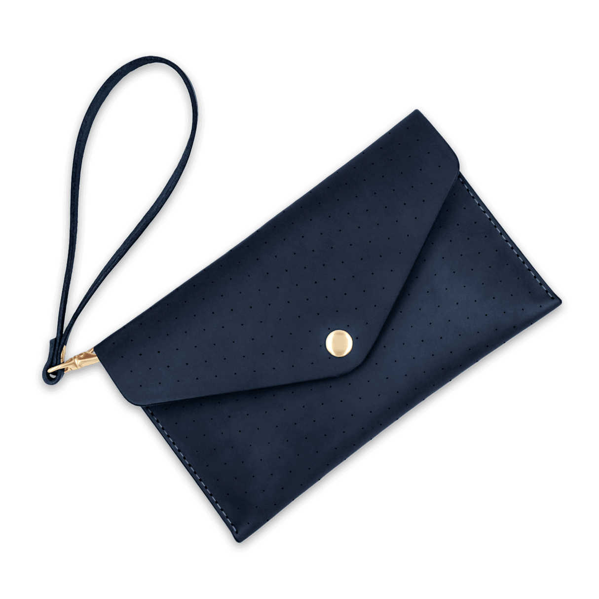 Navy leather Clutch with decorative perforation, attached matching wrist strap, and brass hardware.