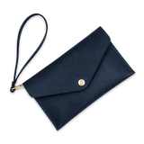 Navy leather Clutch with decorative perforation, attached matching wrist strap, and brass hardware.