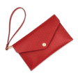 Red leather Clutch with decorative perforation, attached matching wrist strap, and brass hardware.