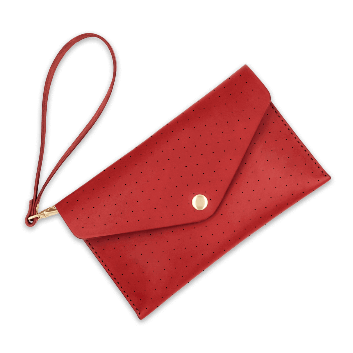 Red leather Clutch with decorative perforation, attached matching wrist strap, and brass hardware.