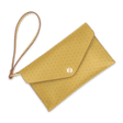 Yellow leather Clutch, decorative perforation, attached matching wrist strap, and brass hardware.