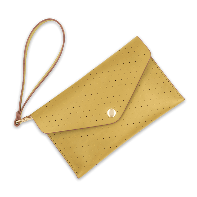 Yellow leather Clutch, decorative perforation, attached matching wrist strap, and brass hardware.