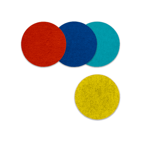 Red, royal blue, sky blue, and yellow color mix round Woolster set spread out.