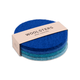 Royal blue, blue, teal, and sky blue Cool Mix round Woolster set stacked.