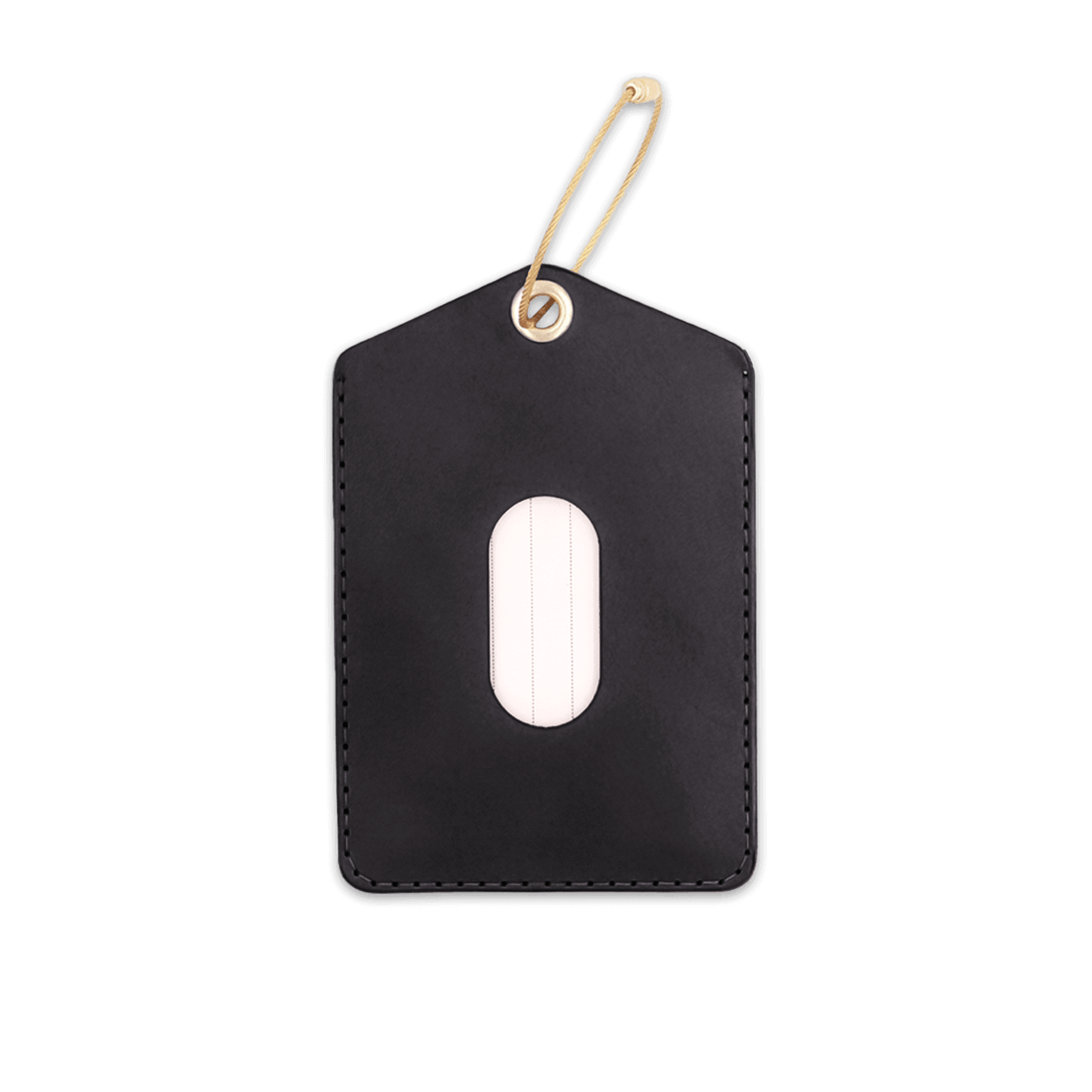 Black leather Luggage Tag with blank info card and window, and brass hardware.