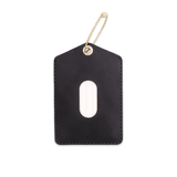 Black leather Luggage Tag with blank info card and window, and brass hardware.