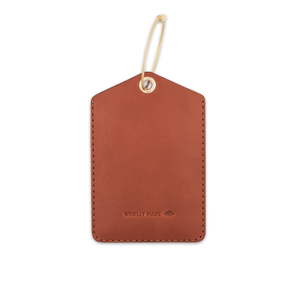 Brown leather Luggage Tag back view with hand-pressed Woolly Made logo and brass hardware.