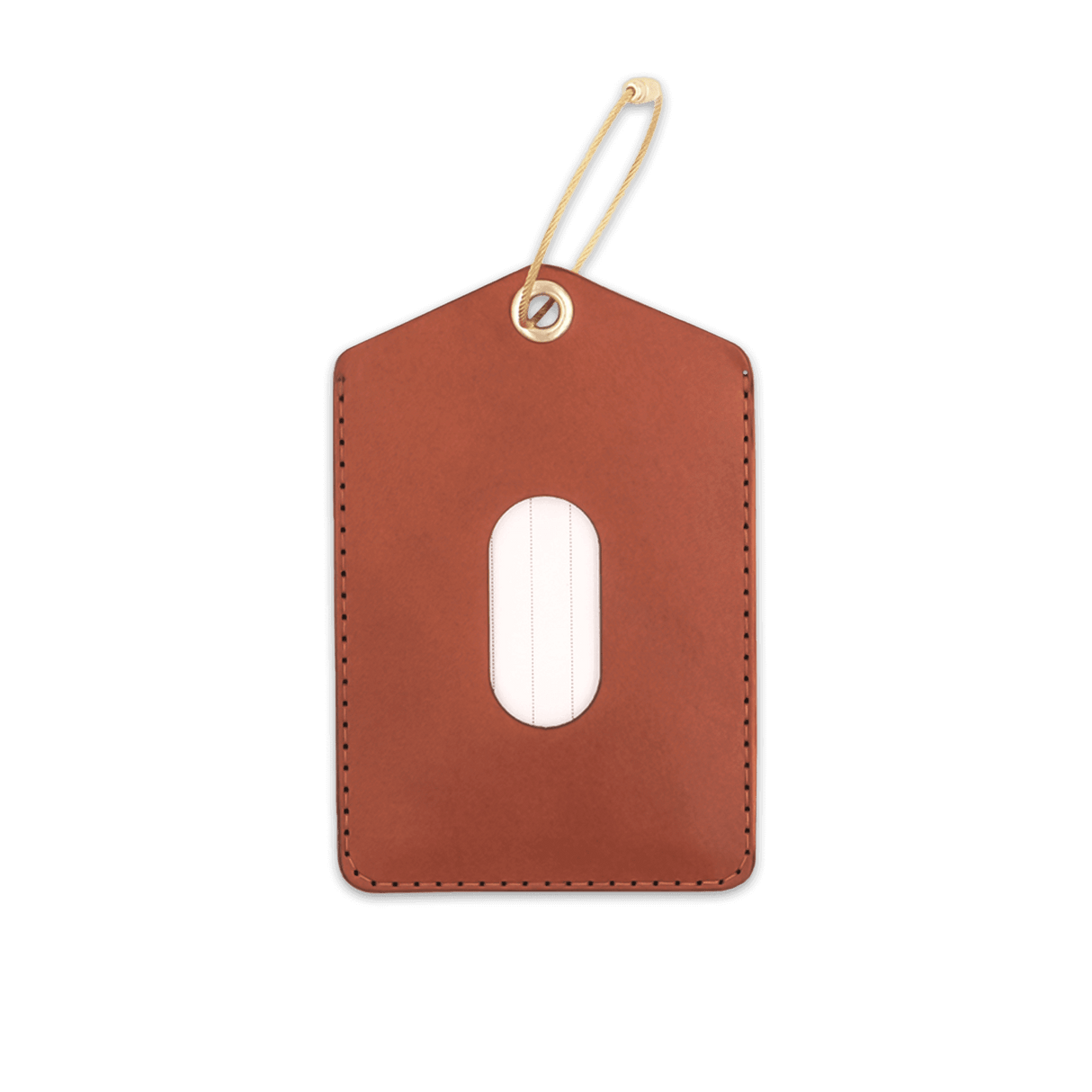 Brown leather Luggage Tag with blank info card and window, and brass hardware.