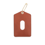 Brown leather Luggage Tag with blank info card and window, and brass hardware.