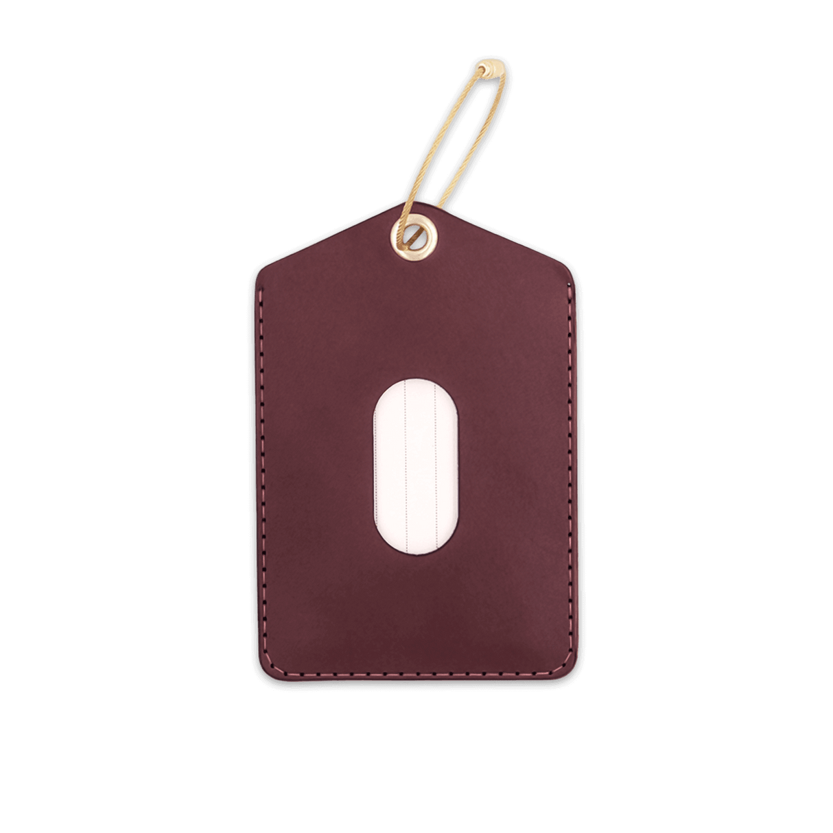 Burgundy leather Luggage Tag with blank info card and window, and brass hardware.