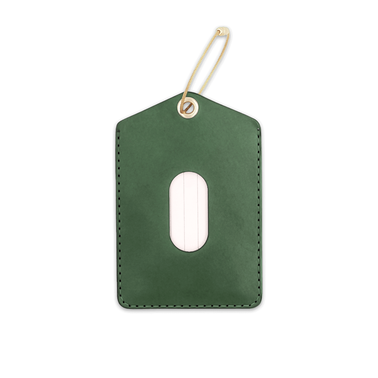 Green leather Luggage Tag with blank info card and window, and brass hardware.