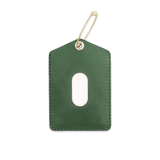 Green leather Luggage Tag with blank info card and window, and brass hardware.