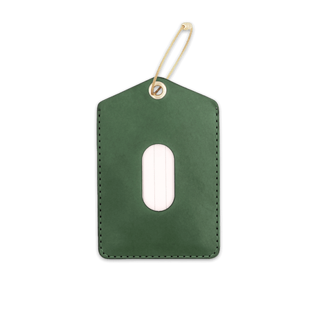 Green leather Luggage Tag with blank info card and window, and brass hardware.